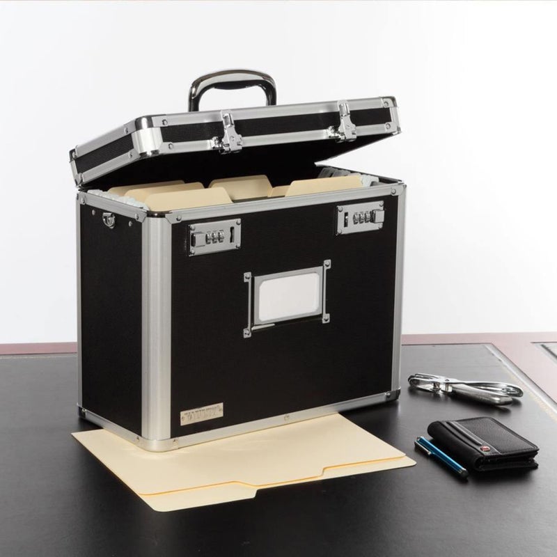Vaultz File Organizer Storage Box - 14 x 7 x 12.19 Inch Letter Size, Portable Locking Storage Totes with Dual Combination Locks for Filing Office Documents - Black - Image 2